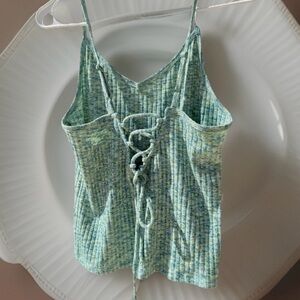 Green Babydoll Tank Top size L Spaghetti Strap Lace up Back Shirt  By SO Strappy
